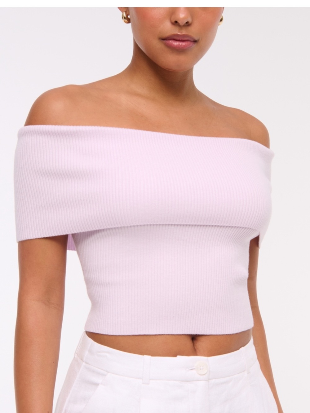 Abercrombie & Fitch Foldover Off-Shoulder Ribbed Top in Light Pink